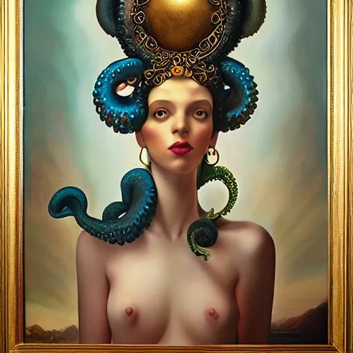 Prompt: dynamic composition, a painting of a woman with hair of octopus tentacles and sea anemones wearing ornate earrings, a surrealist painting by tom bagshaw and jacek yerga and tamara de lempicka and jesse king, featured on cgsociety, pop surrealism, surrealist, dramatic lighting, wiccan, pre - raphaelite, ornate gilded details