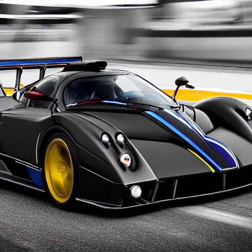 Image similar to pagani zonda on a street race track, motion blur, 3 0 0 mm photography, car photography, clean lines, realistic