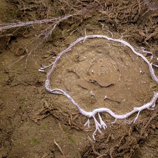 Prompt: a beautiful landscape photo of a mycelium under plowed land