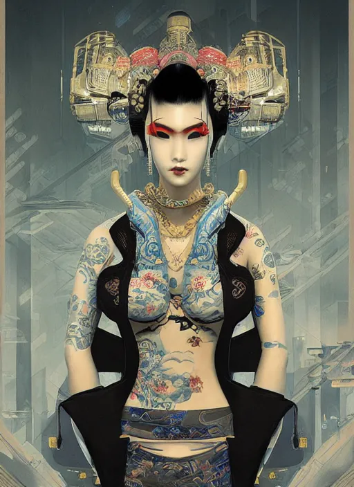 Image similar to portrait of a seductive cyberpunk geisha yakuza, imari, modern fine art, fractal, in the style of bladerunner, intricate ornaments, elegant, highly detailed, digital photography, subsurface scattering, by mc escher and greg rutkowski,