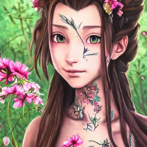 Image similar to concept art of aerith gainsborough with tattoos, amongst flowers, high quality, detailed, trending on artstartion