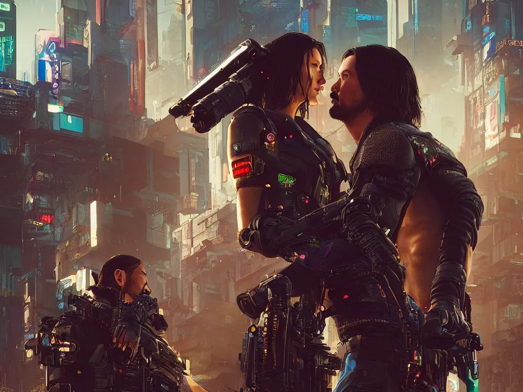 Image similar to a cyberpunk 2077 srcreenshot couple portrait of a Keanu Reeves and a female android final kiss,love,film lighting,by Laurie Greasley,Lawrence Alma-Tadema,Dan Mumford,John Wick,Speed,Replicas,artstation,deviantart,FAN ART,full of color,Digital painting,face enhance,highly detailed,8K,octane,golden ratio,cinematic lighting