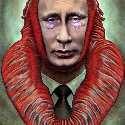 Image similar to vladimir putin became bloody ugly worm abomination, photo - realistic, color image, 2 k, highly detailed, bodyhorror, occult art