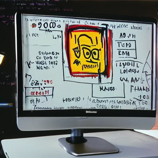 Prompt: a computer monitor from the 9 0 s the style of jean - michel basquiat