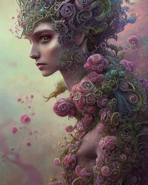 Image similar to a beautiful detailed front view portrait of a princess with ornate growing around, ornamentation, flowers, elegant, beautifully soft lit, by wayne barlowe, peter mohrbacher, kelly mckernan