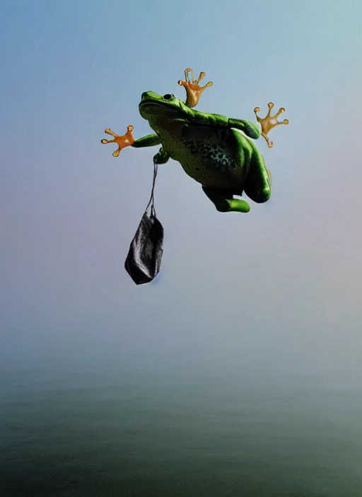 Image similar to semi translucent smiling frog amphibian hovering over misty lake in Jesus Christ pose, cinematic shot by Andrei Tarkovsky, paranormal, spiritual, mystical