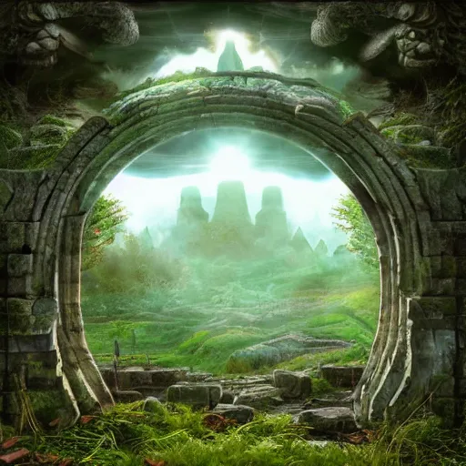 Image similar to ancient overgrown ruins, medieval gates, runestones, nostlagia, mysetrious etherial mesmerizing runic cat eyes, magical elven geometry, floating islands, high detail