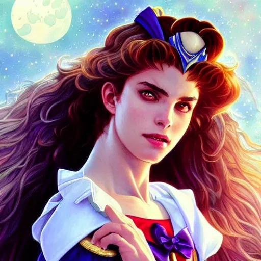 Image similar to Charlotte Casiraghi as Sailor Moon, western, D&D, fantasy, intricate, elegant, highly detailed, digital painting, artstation, concept art, matte, sharp focus, illustration, art by Artgerm and Greg Rutkowski and Alphonse Mucha