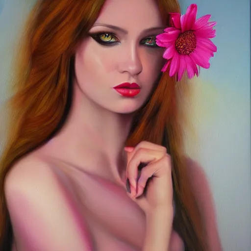 Prompt: hyperrealist oil painting of flowerpunk fashion model, portrait, painting by raphael
