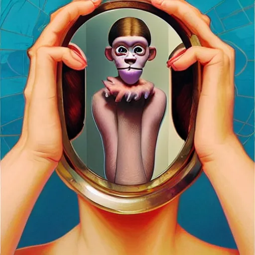 Prompt: lofi monkey in front of a mirror reflecting rule 34 expression of a human face, symmetrical hands, doctors mirror, Pixar style by Tristan Eaton Stanley Artgerm and Tom Bagshaw, high detail