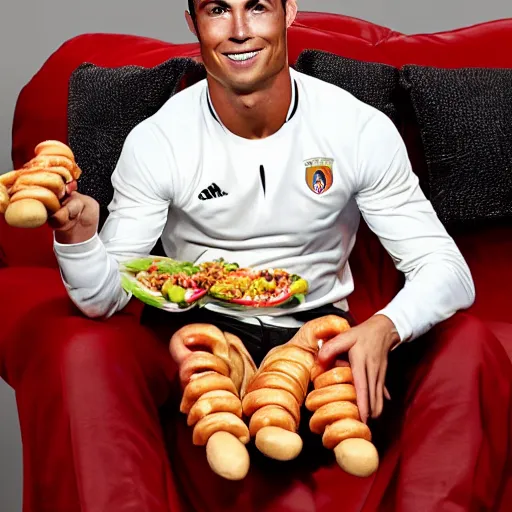 Image similar to a promo portrait of cristiano ronaldo in a sofa, holding a plate of hot dogs to the camera,