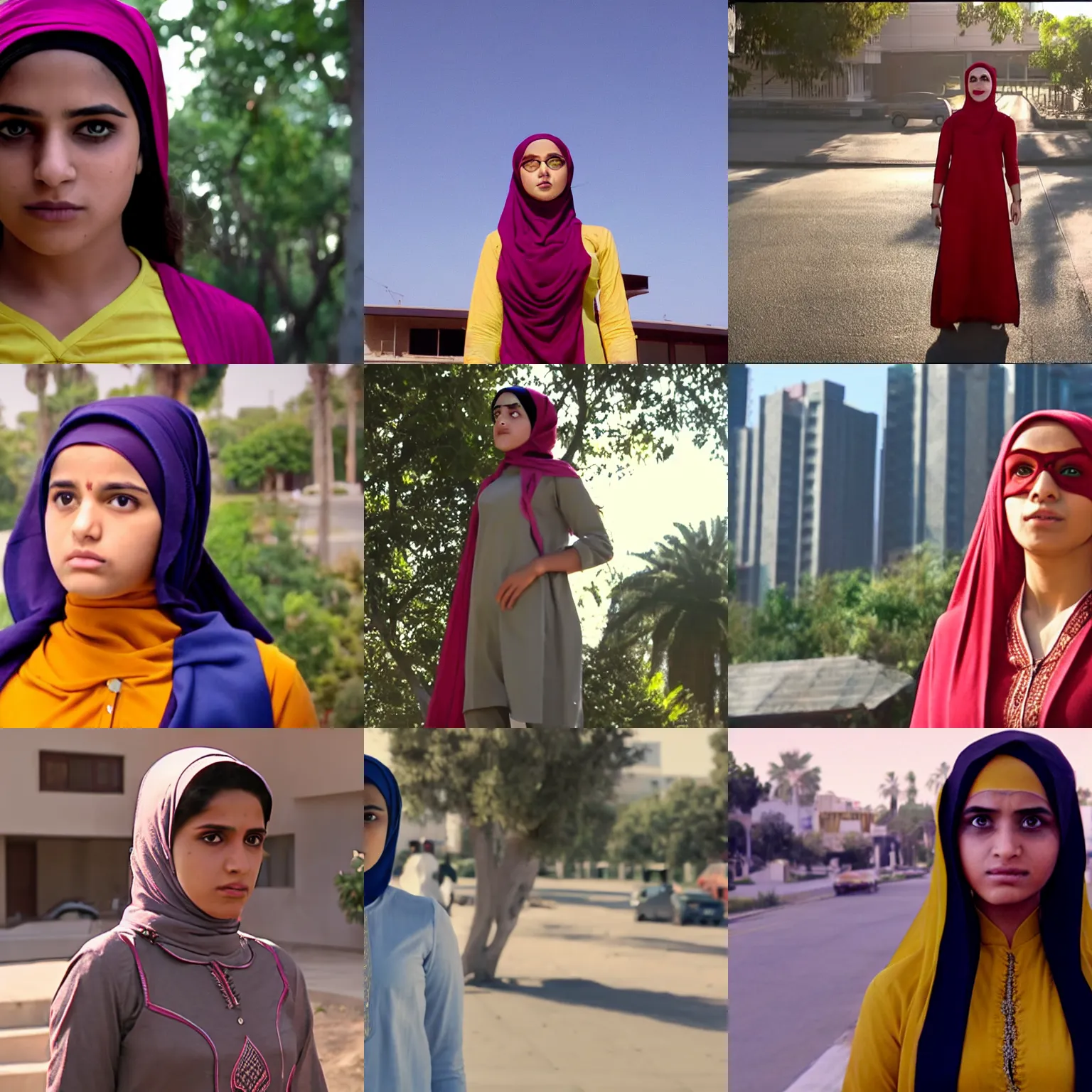 Prompt: Film still of a teenage girl superhero wearing a kurta and a hijab, outdoors in LA, harsh overhead sunlight, midday, summer, long shot, wide shot, full shot