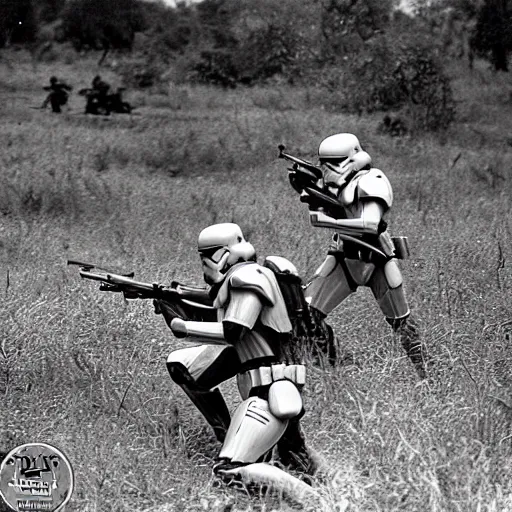 Image similar to star wars clone troopers combat soldiers in vietnam, photo, old picture, lush landscape, jungle, firearms, explosions, helicopters, aerial combat, active battle zone, flamethrower, air support, jedi, land mines, gunfire, violent, star destroyers, star wars lasers, sci - fi, jetpacks, agent orange, bomber planes, smoke, trench warfare