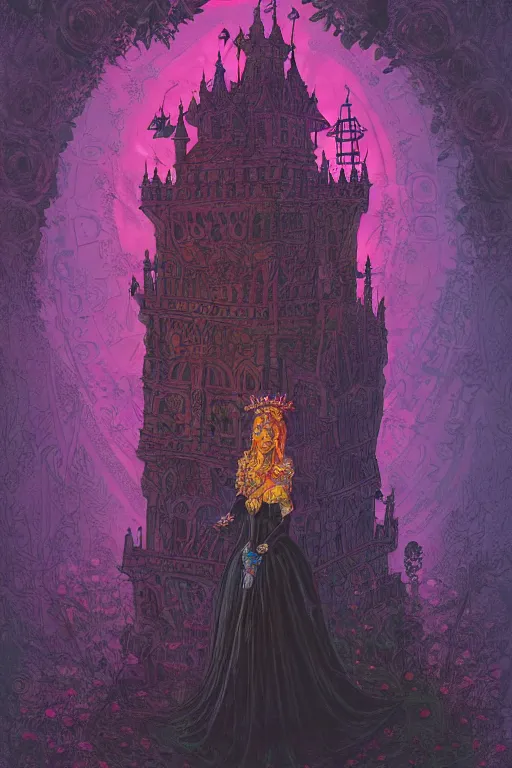 Prompt: Psychedelic black light style, nostalgia of a fairytale, elegant fairytale tower covered in roses, full body portrait of medieval princess, cottagecore, Exquisite, dramatic lighting, by Marc Simonetti, Mike Mignola