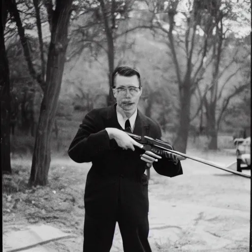 Prompt: photo of business man holding rifle 1950, Kodak Ultra F9, 35mm