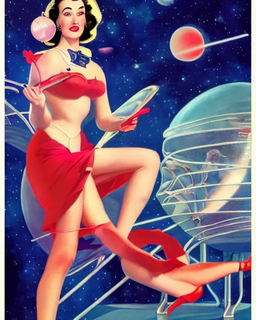 Image similar to retrofuturistic pinup model dita von teese as a varga girl posing on a space ship, in the style of anna dittmann and gil elvgren and alberto vargas.