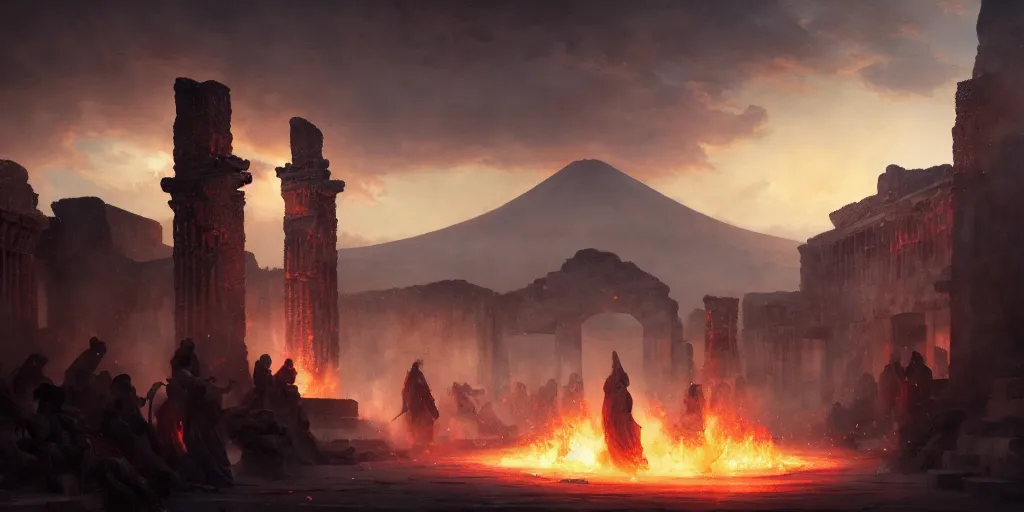 Image similar to the last day of pompeii, extremely detailed digital painting, in the style of fenghua zhong and ruan jia and jeremy lipking and peter mohrbacher, mystical colors, rim light, beautiful lighting, 8 k, stunning scene, raytracing, octane, trending on artstation