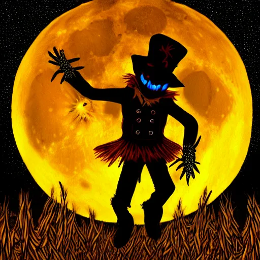 Image similar to a scarecrow dances in a cornfield on a full moon, dark atmosphere, vivid color, highly crazy detailed, digital painting, artstation, concept art, matte, sharp focus