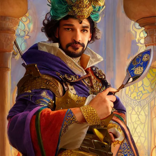 Prompt: charming tailor of middle - eastern descent, dressed in fine colorful robes and jewelry over fantasy armor, goatee, smirking, holding a magic needle and spool, fantasy art by barret frymire and artem priakhin and wenjun lin and greg rutkowski and alphonse mucha, artstation, matte, illustration, intricate, highly - detailed high resolution