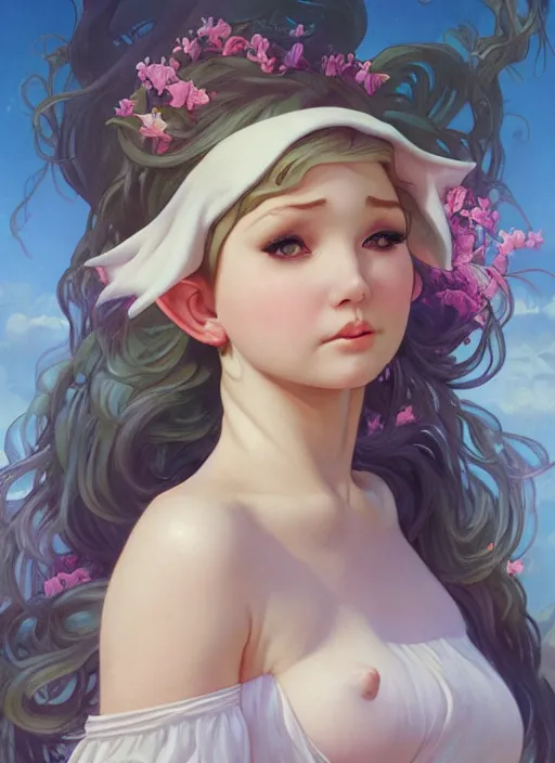 Prompt: a chubby elf woman with pointed ears, wearing a white sundress, rainbow pastel clouds for hair, realistic painting by ross tran and gerald brom and alphonse mucha, artgerm, trending on artstation