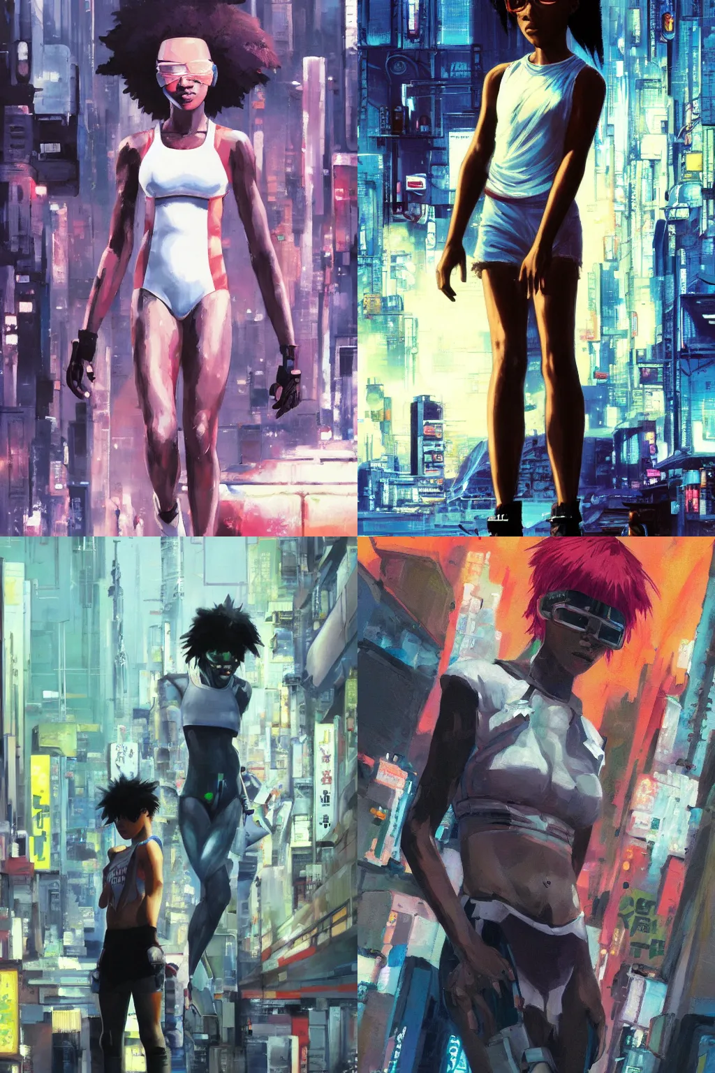 Prompt: oil painting, yoji shinakawa, studio gainax, bald african-american teenager wearing a white tank-top, cyberpunk city, ghost in the shell, badass