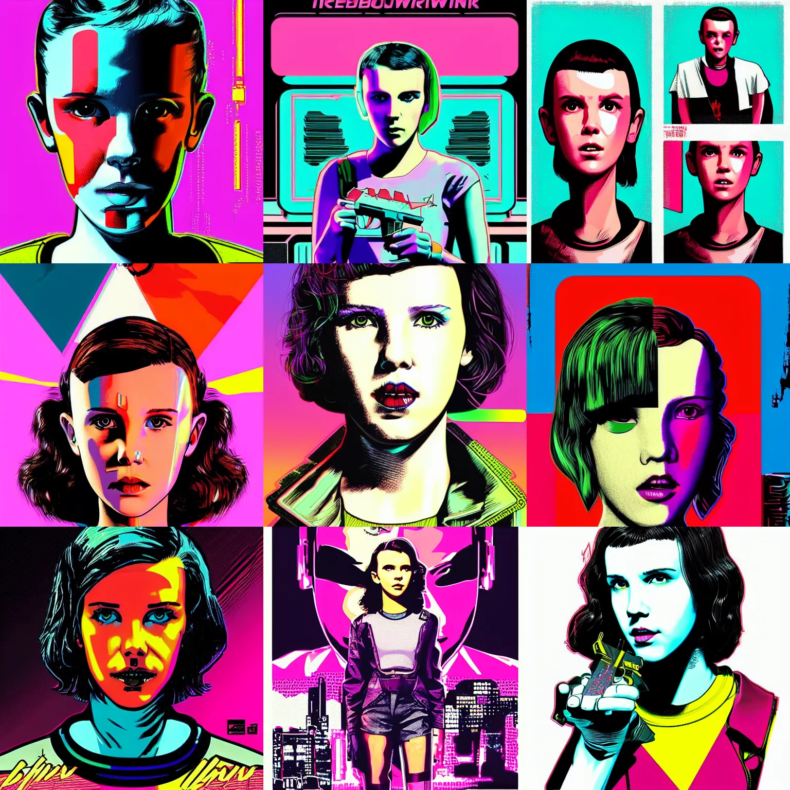 Prompt: millie bobby brown in cyberpunk 2 0 7 7 by butcher billy, andy warhol style