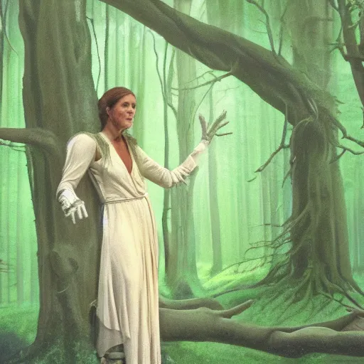 Prompt: Portrait of Carrie Fisher in Star Wars (1977) as a dryad, characteristic sparkling green eyes, looking straight to the camera, illuminated for rays of light, behind her is an ancient forest full of life, by Annie Leibovitz, Ellie Victoria Gale and Steve McCurry, matte painting, oil painting, naturalism, 4k, 8k