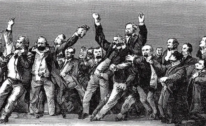 Image similar to Karl Marx as WWE wrestler suplexing Friedrich Nietsche on a WWE ring and the crowd goes crazy