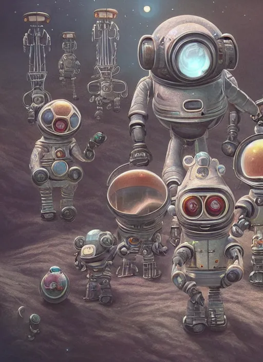 Prompt: highly detailed closeup, group portrait of a 1 8 8 0 s retro toy robots land on the moon, unreal engine, nicoletta ceccoli, mark ryden, earl norem, lostfish, global illumination, detailed and intricate environment