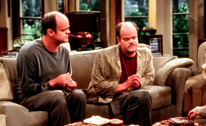 Prompt: the episode of frasier where the living room is flooded with chocolate