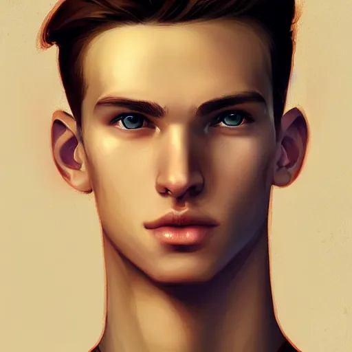 Image similar to colorful Captivating teenage boy with brown blond short quiff hair and thin slightly round facial structure with cleft chin, bumpy nose, good definition of cheekbones, Alert brown eyes, narrow face, slim body, atmospheric lighting, painted, intricate, 4k, highly detailed by Charlie Bowater