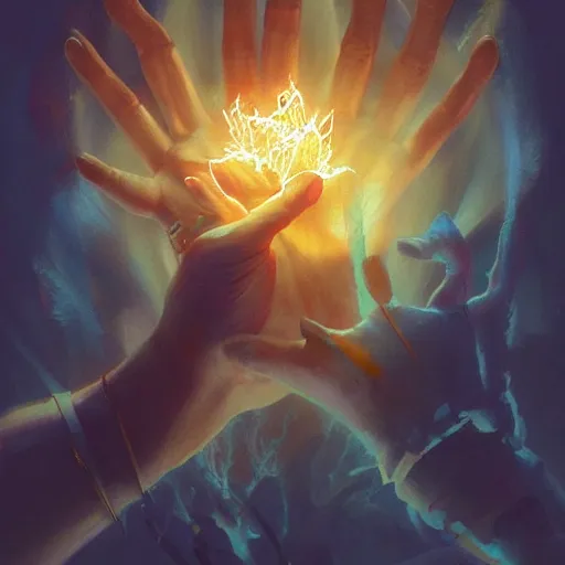 Prompt: hand glowing in white yellow light spell scroll art by artgerm and greg rutkowski and Craig Mullins, James Jean, Andrey Ryabovichev, Mark Simonetti and Peter Morbacher 16k