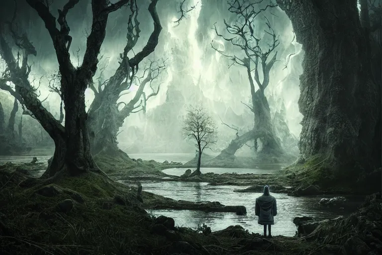 Image similar to an ultra realistic cinematic headshot portrait of an evil wizard, background of a vast serene landscape with trees and rivers, detailed, deep focus, movie still, dramatic lighting, ray tracing, by michal karcz and yoshitaka amano