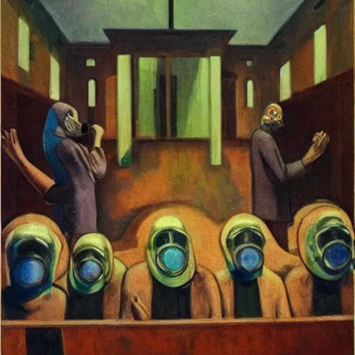 Image similar to apocalyptic scene, prayer, occult, refugees, mosque synagogue interior, gas masks, geometric art, patina, Edward Hopper, PJ Crook