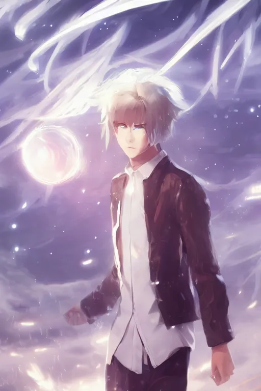 Image similar to anime teen guy with short wavy white hair wearing white formal attire surrounded by light orbs, moody, wlop, concept art, digital painting, trending on artstation, highly detailed, epic composition, 8 k uhd