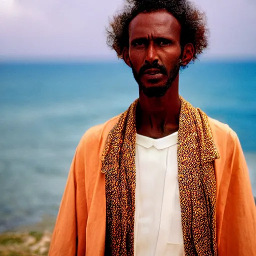 Prompt: a somali man with curly hair, in a movie still by wes anderson of a beautiful day on an island, visible magic energy, dream high fashion costumes, cinestill 8 0 0 t eastmancolor, high quality, heavy grain