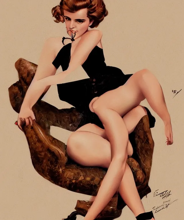 Prompt: emma watson pinup style full body portrait by Gil Elvgren, pinup pose, elegant, digital painting, trends on artstation, concept art