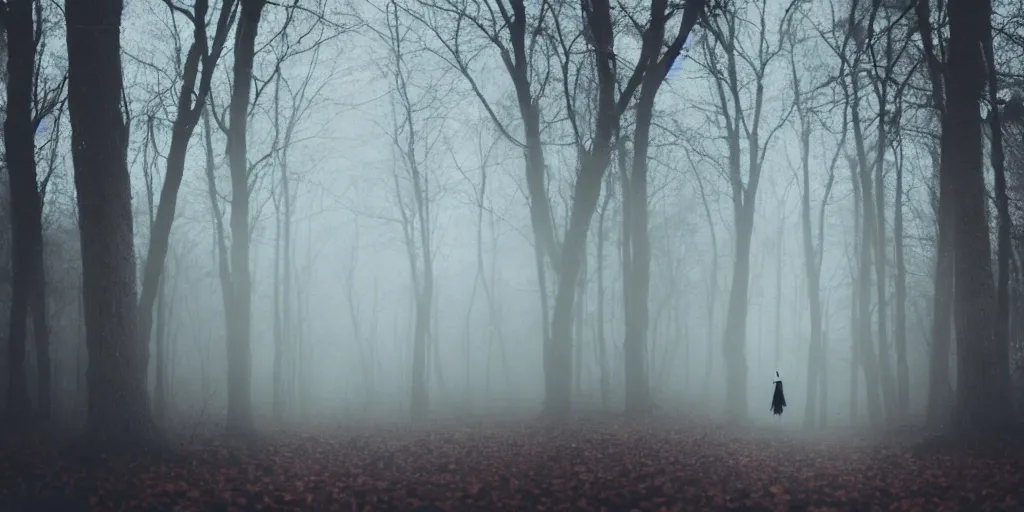 Image similar to a white female ghost in a dark forest, autumn, 35mm, cinematic, mist, photorealistic, depth of field, gloomy