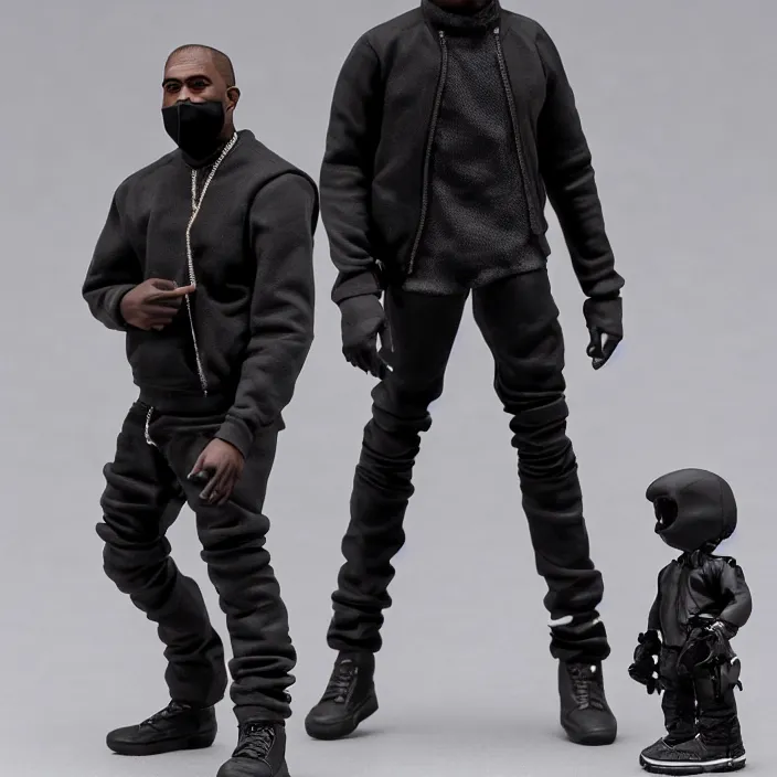 Image similar to kanye west using a black mask with small holes, all black clothes and a black bullet proof vest, a goodsmile figure of kanye west, figurine, detailed product photo