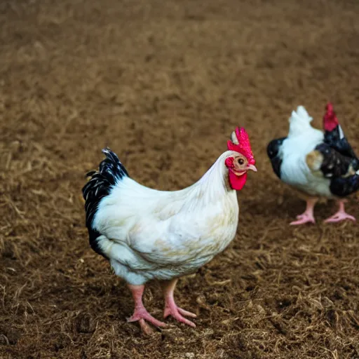 Image similar to photo of a chicken with no head stand in a farm with other regular chickens, higly detailed, 8 k, photorealistic