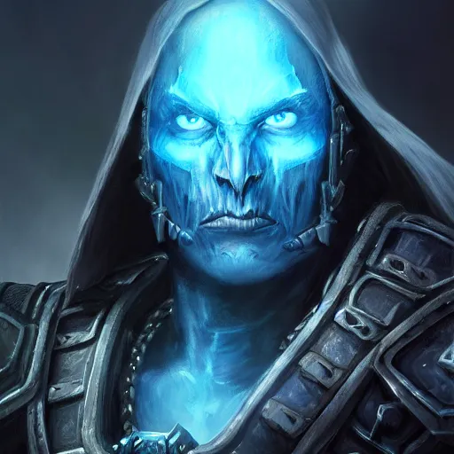 Prompt: a digital portrait painting of a death knight from world of warcraft, glowing blue eyes, matte painting, hyper realistic, very detailed, dramatic scene, realistic lighting, dark fantasy, 4 k, in the style of greg rutkowski,