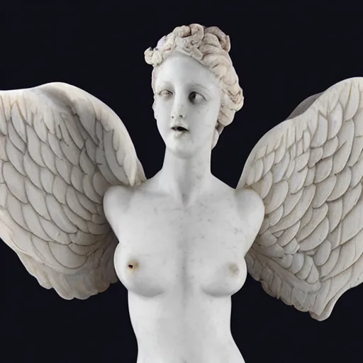 Prompt: sculpture of venus and aphrodite with wings, full body, hyperrealistic style in carrara marble