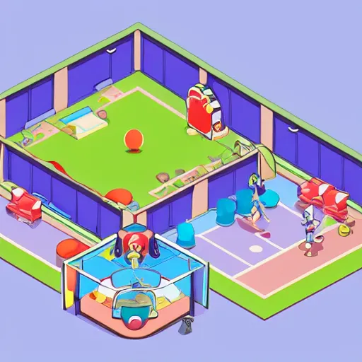 Image similar to a chubby cute pokemon gym room, 3 d illustration, isometric, 1 0 0 mm, studio lighting