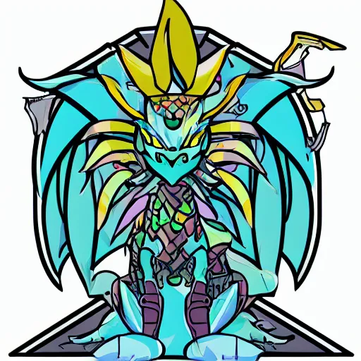 Prompt: bright teal dragon sitting on a pile of suits of armour, pastel, kawaii, vector art, sticker, cartoony