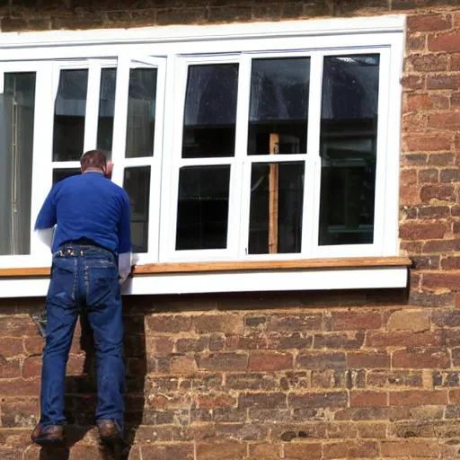 Prompt: many builders inspecting and discussing sash window, dramatic