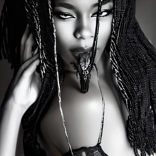 Prompt: black art, woman, beautiful, seductive, fashion editorial, realistic, intricate, detailed, sharp focus, photography, full body