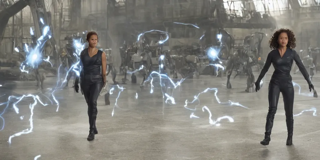 Image similar to wide angle movie stills of gugu mbatha - raw as sue storm in fantastic four movie using her iridescent particles force field powers while battling doctor doom, and an army of shapeshifter lizard like humanoids called the skrulls