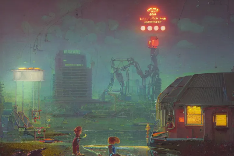 Prompt: giant robotic duck and little boy, illustrated by simon stalenhag and gaston bussiere, 3 5 mm lens, beautiful macro close - up imagery, rule of third, vibrantly lush neon lighting, beautiful volumetric lighting style atmosphere, a futuristic rural atmosphere, intricate, ultra detailed, photorealistic imagery, trending on artstation, 4 k, 8 k
