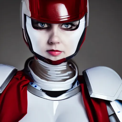 Prompt: headshot of a beautiful female soldier in glossy sleek primarily white armor with tiny red details and a long red cape, looking up at camera, determined expression, no helmet, on the surface of mars, night time, cinematic, sci-fi, hyperrealistic