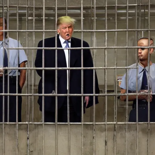 Image similar to donald trump behind bars in prison fatigues